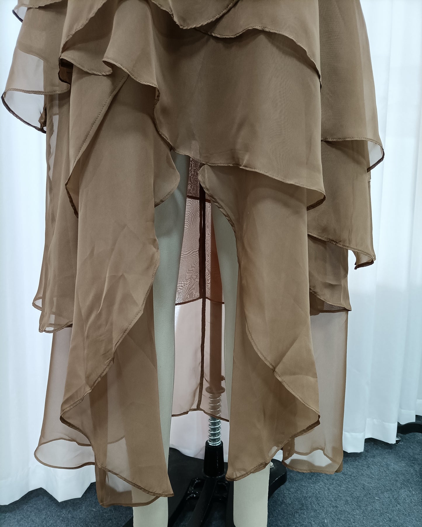 Coffee Off Shoulder Ruffle Asymmetrical Maxi Dress