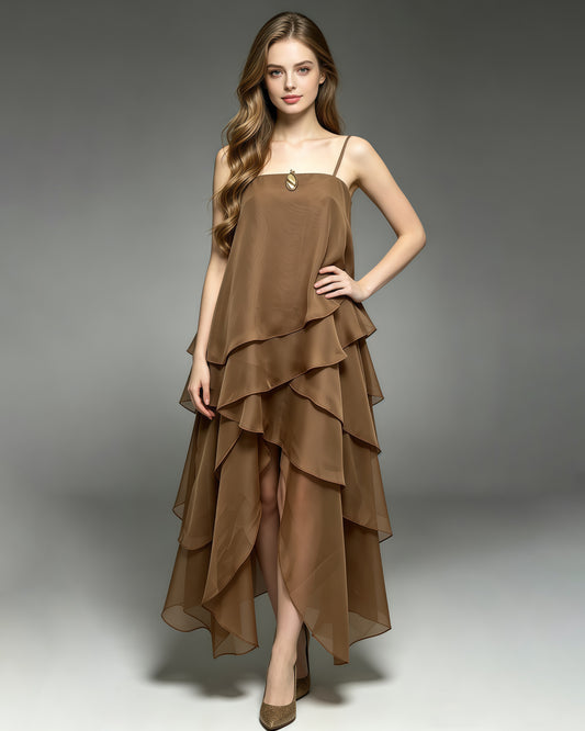 Coffee Off Shoulder Ruffle Asymmetrical Maxi Dress
