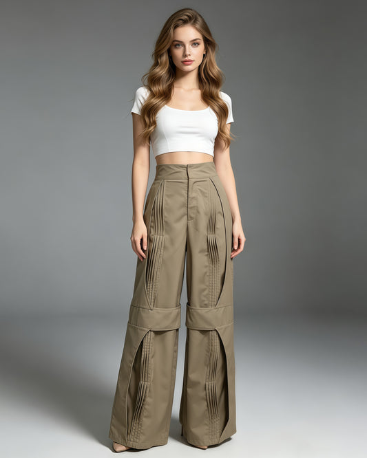 Coffee Pleated Design Wide Leg Pants