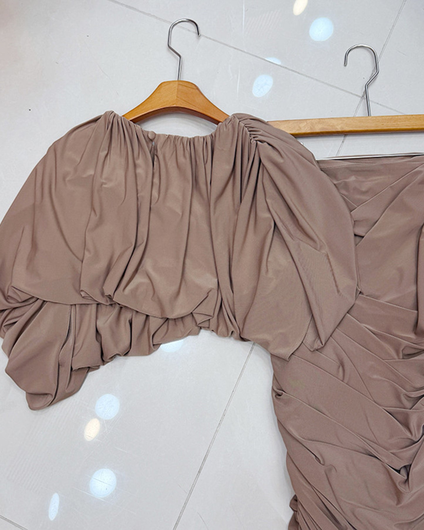 Coffee Puff Sleeve Ruched 2-Piece Set