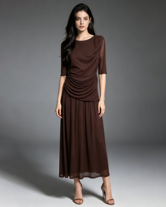 Coffee Round Neck Half Sleeve Maxi Dress