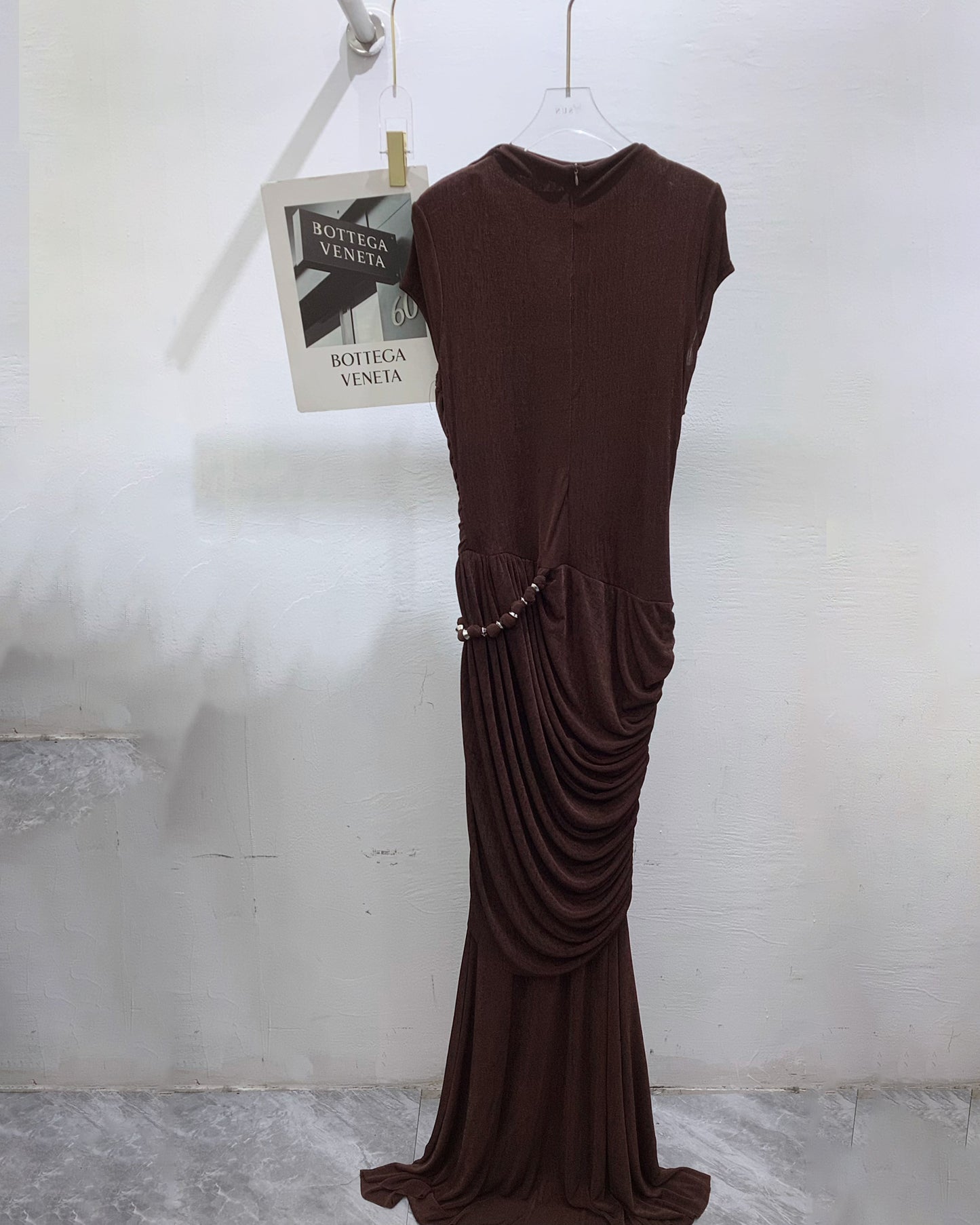 Coffee Round Neck Ruched Woven Dress