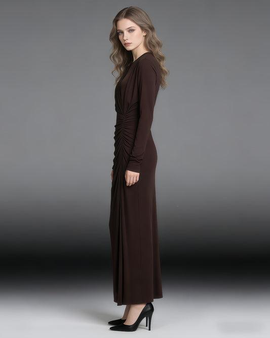 Coffee Ruched Long-Sleeve Maxi Dress