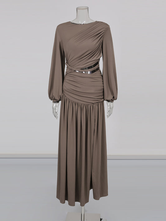 Coffee Ruched Maxi Dress with Cutout Waist