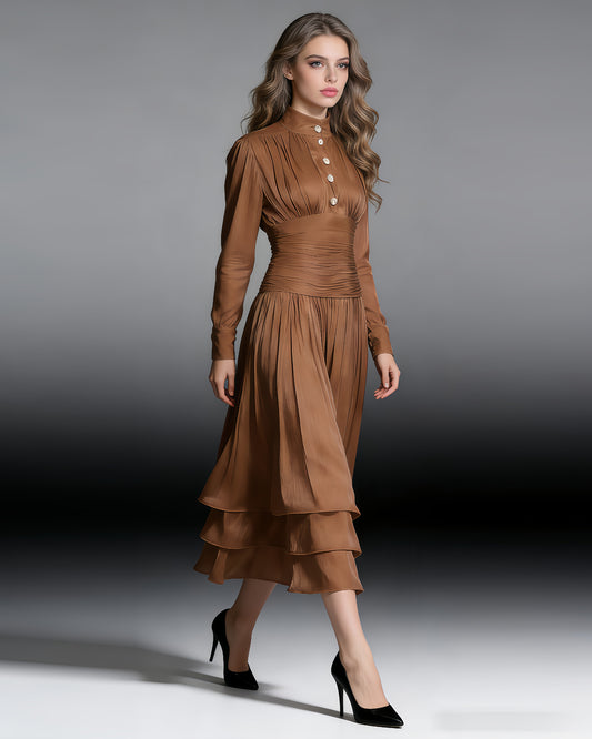 Coffee Ruched Waist Tiered Midi Dress