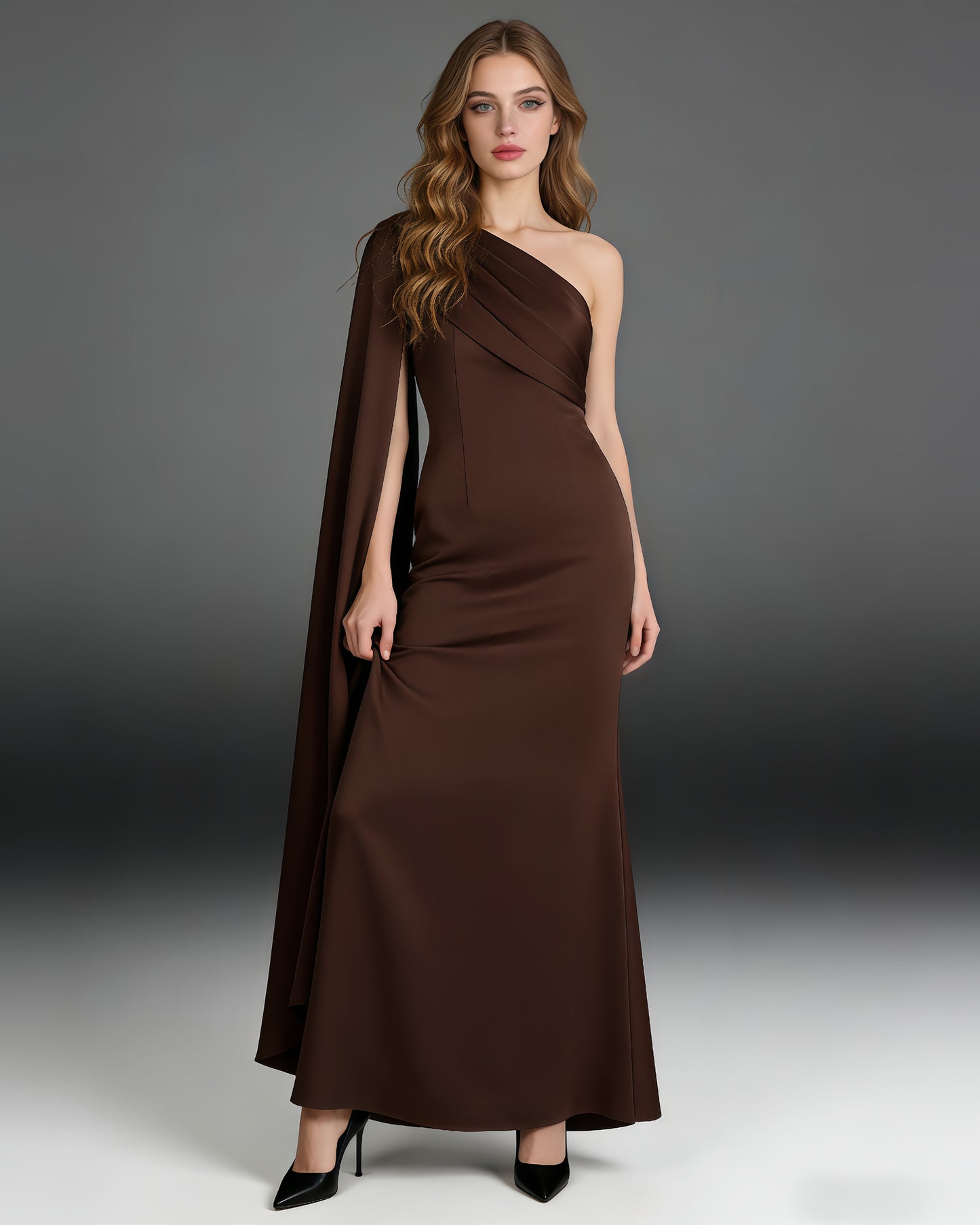Coffee Satin Cape Maxi Dress
