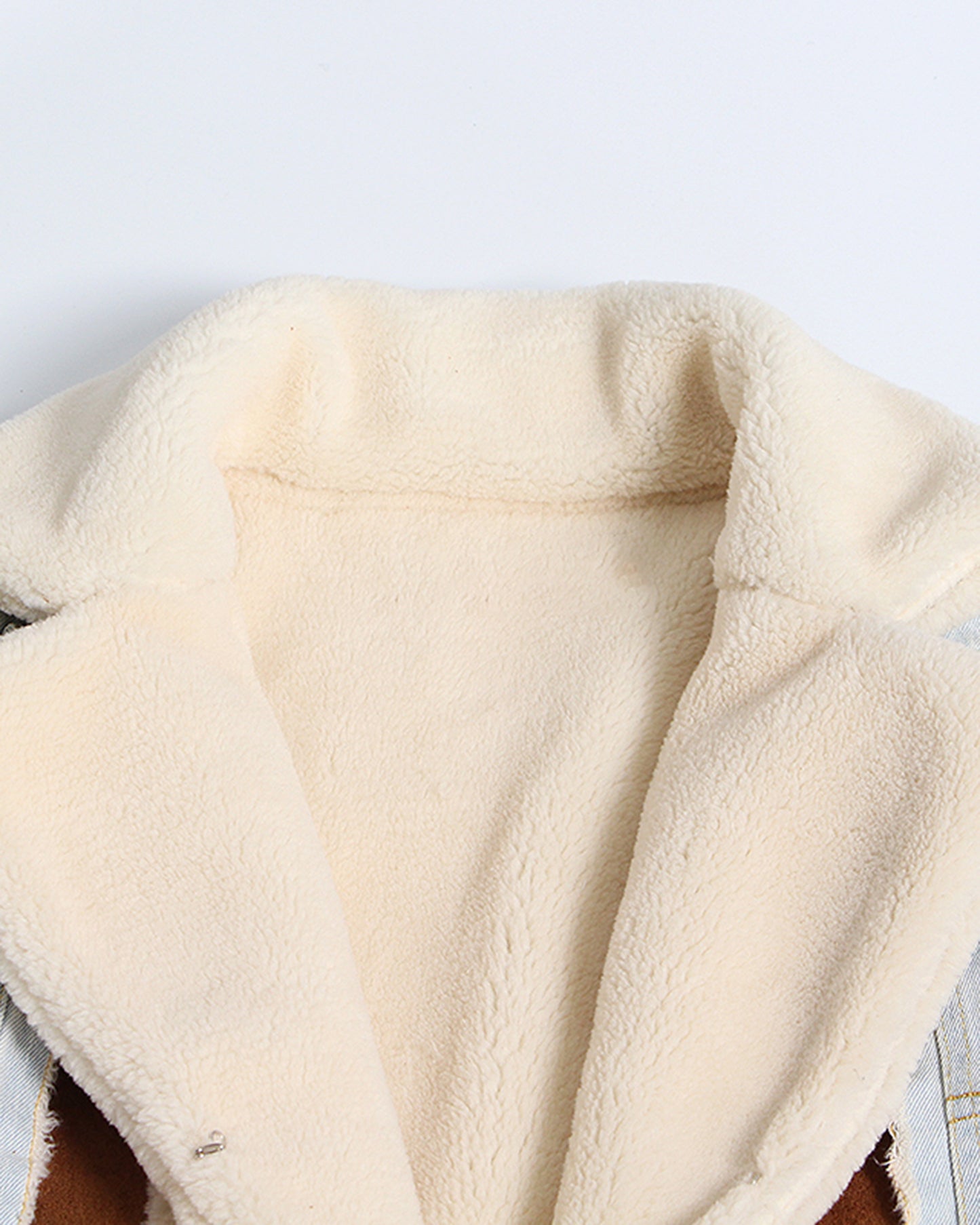 Coffee Shearling Cropped Jacket with Patch Accents