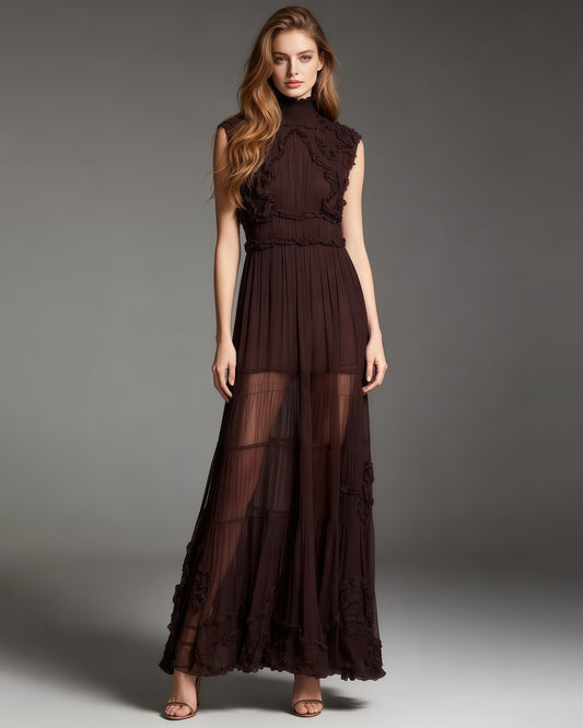 Coffee Sleeveless High Neck Ruffle Maxi Dress