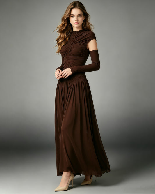 Coffee Stand Collar Ruched Maxi Dress