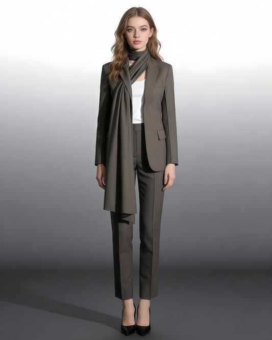 Coffee Blazer with Attached Drape Scarf