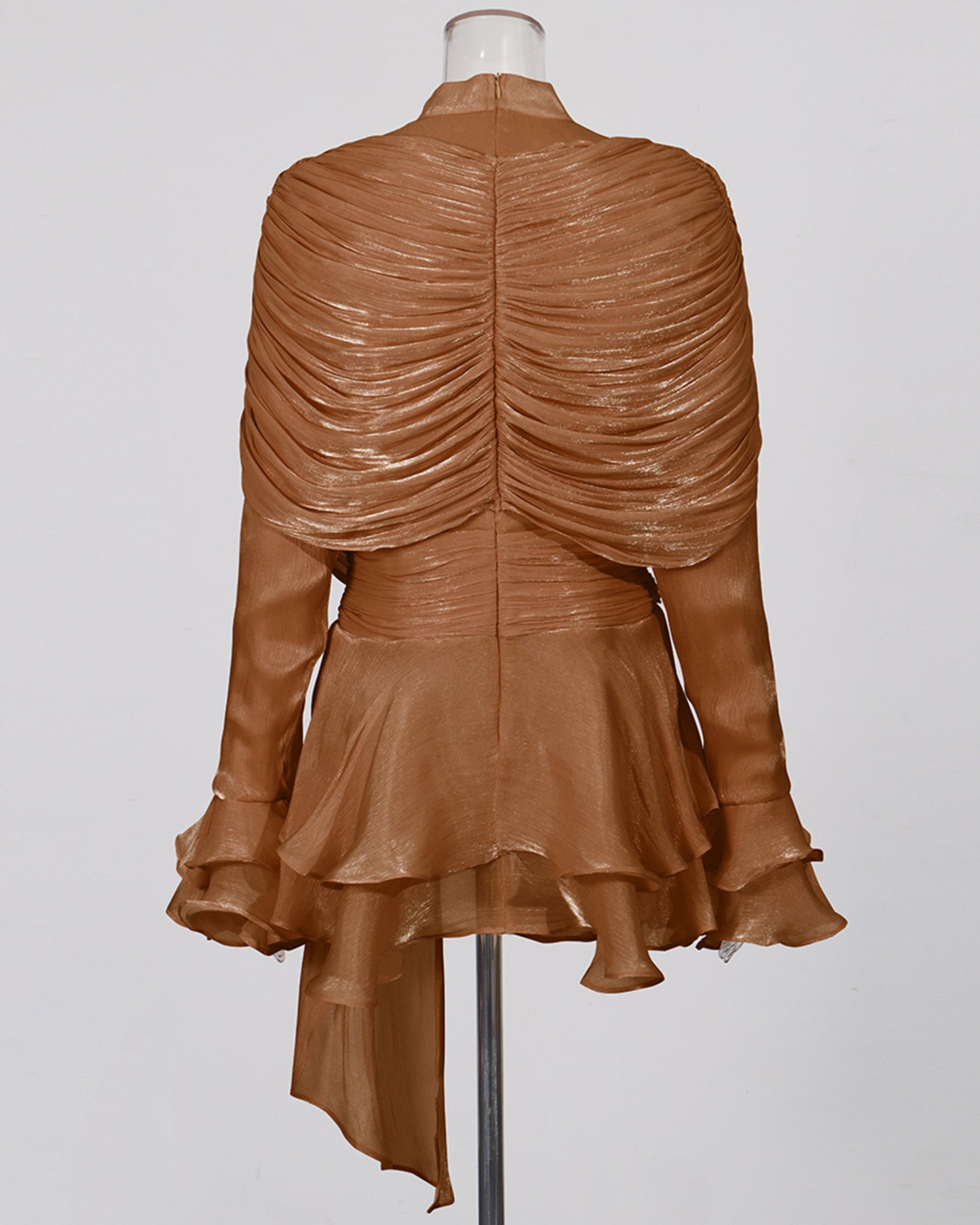 Coffee Ruched Ruffle Dress