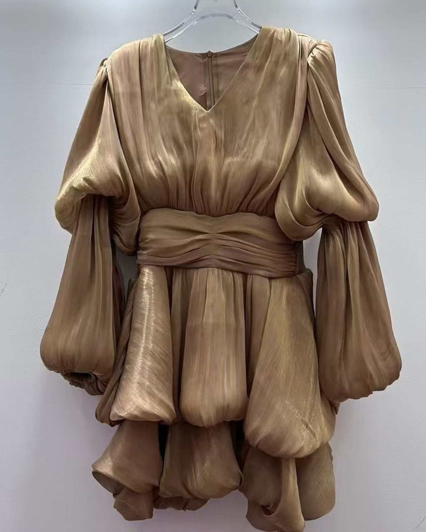 Coffee V-Neck Ruched Puff Sleeve Dress