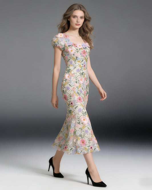 Colorful 3D Floral Embroidery Mermaid Dress