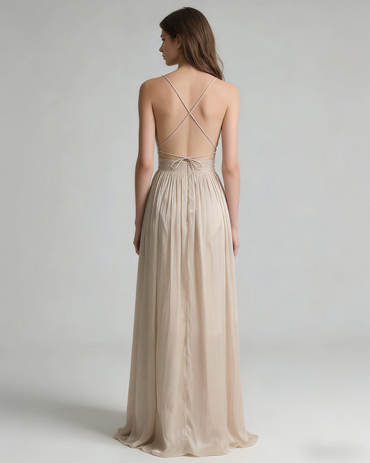 Deep V Spaghetti Strap Ruched Shiny Maxi Dress