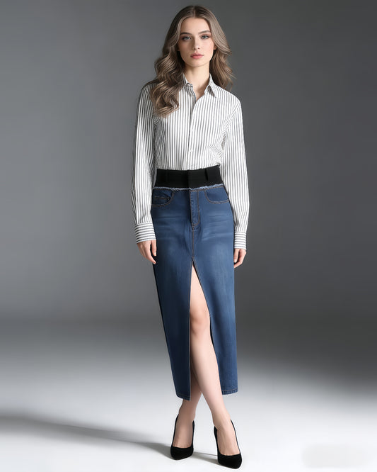 Denim Midi Skirt with High Elastic Waist