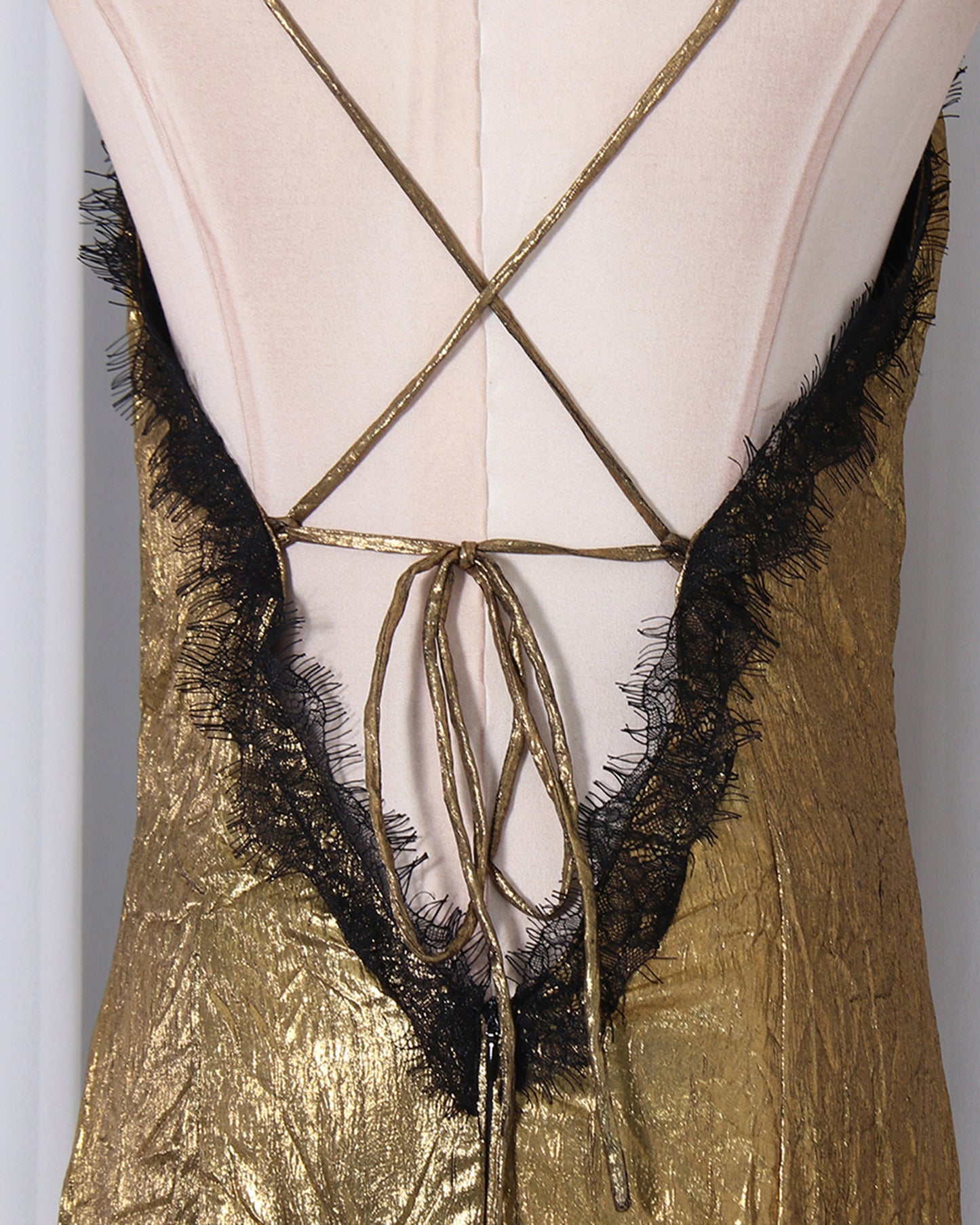 Gold Lace V-Neck Crinkled Satin Slip Maxi Dress