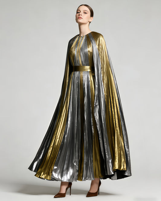Gold & Silver Color-Block Cape Pleated Maxi Dress