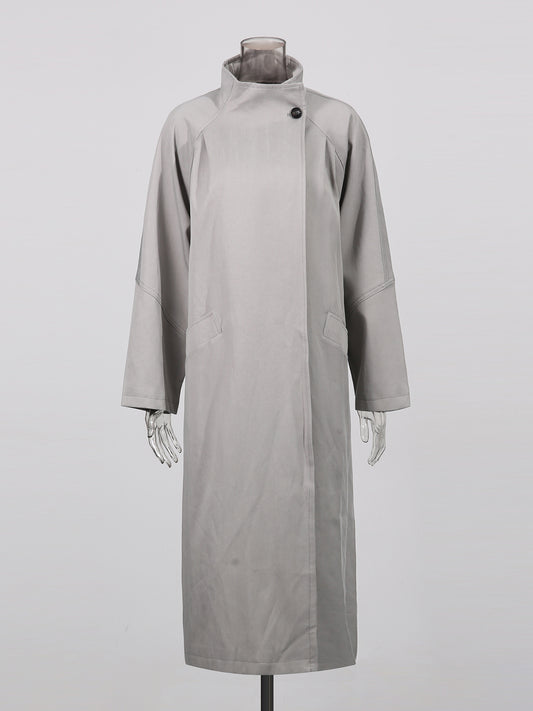 Gray Asymmetric Long Coat with Stand Collar