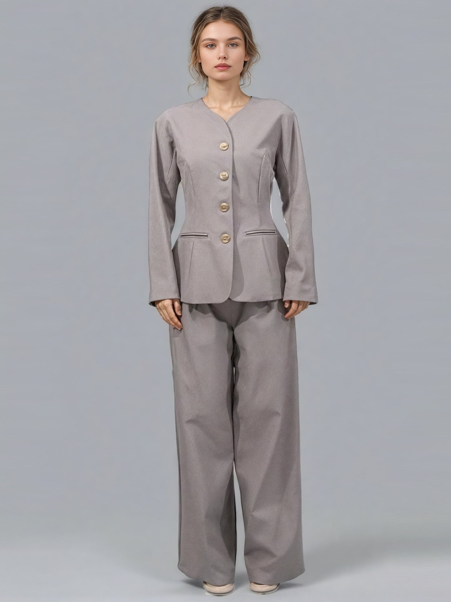 Gray Button-Front Blazer & Wide-Leg Pants Set