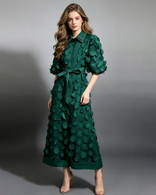 Green Beaded Lapel Tunic Belted Maxi Shirt Dress