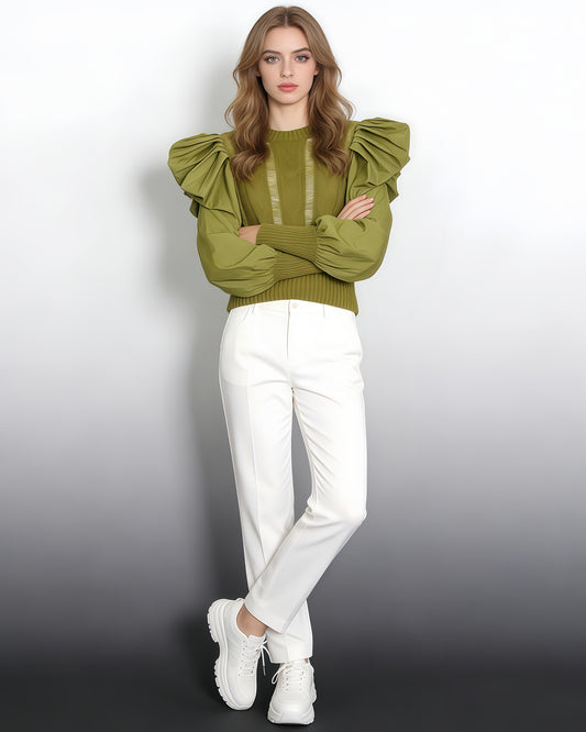 Green Cable-Knit Sweater with Voluminous Puff Sleeves