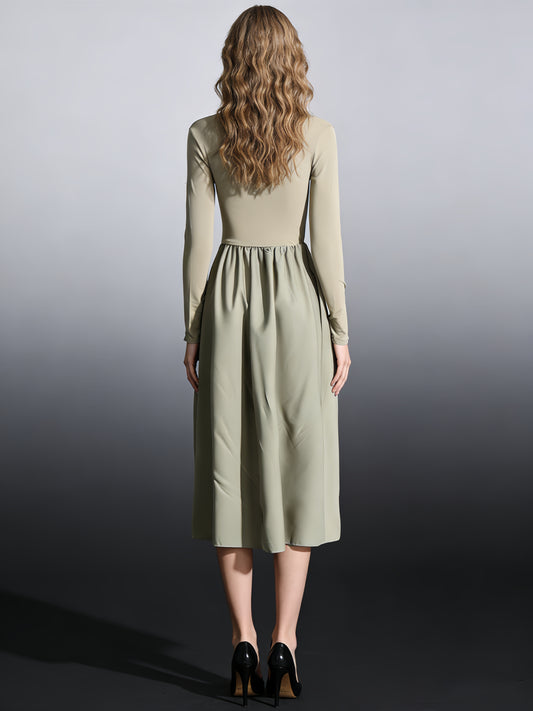 Green Cutout Long-Sleeve Midi Dress
