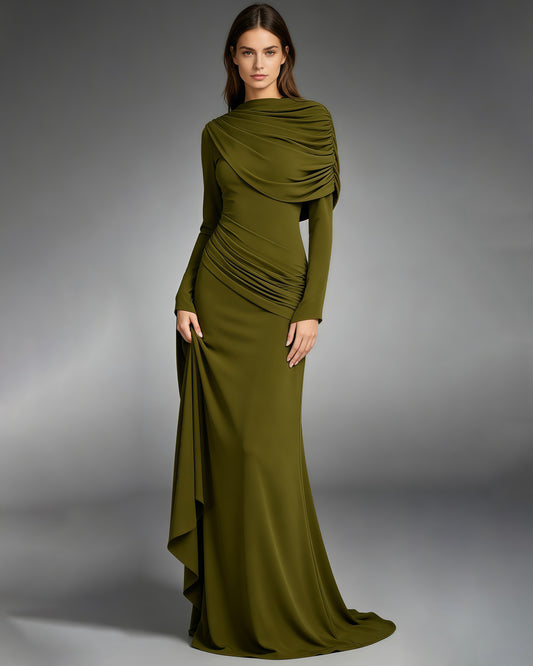Green Draped Fold Cape Sleeve Maxi Dress