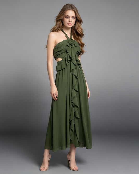 Green Halter 3D Rose Ruffle Cutout Waist Maxi Dress