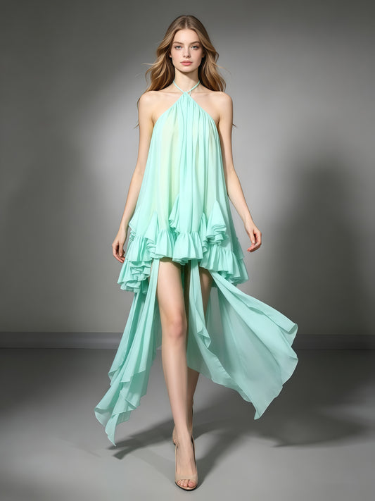 Green Halter Layered Ruffle Asymmetric Dress