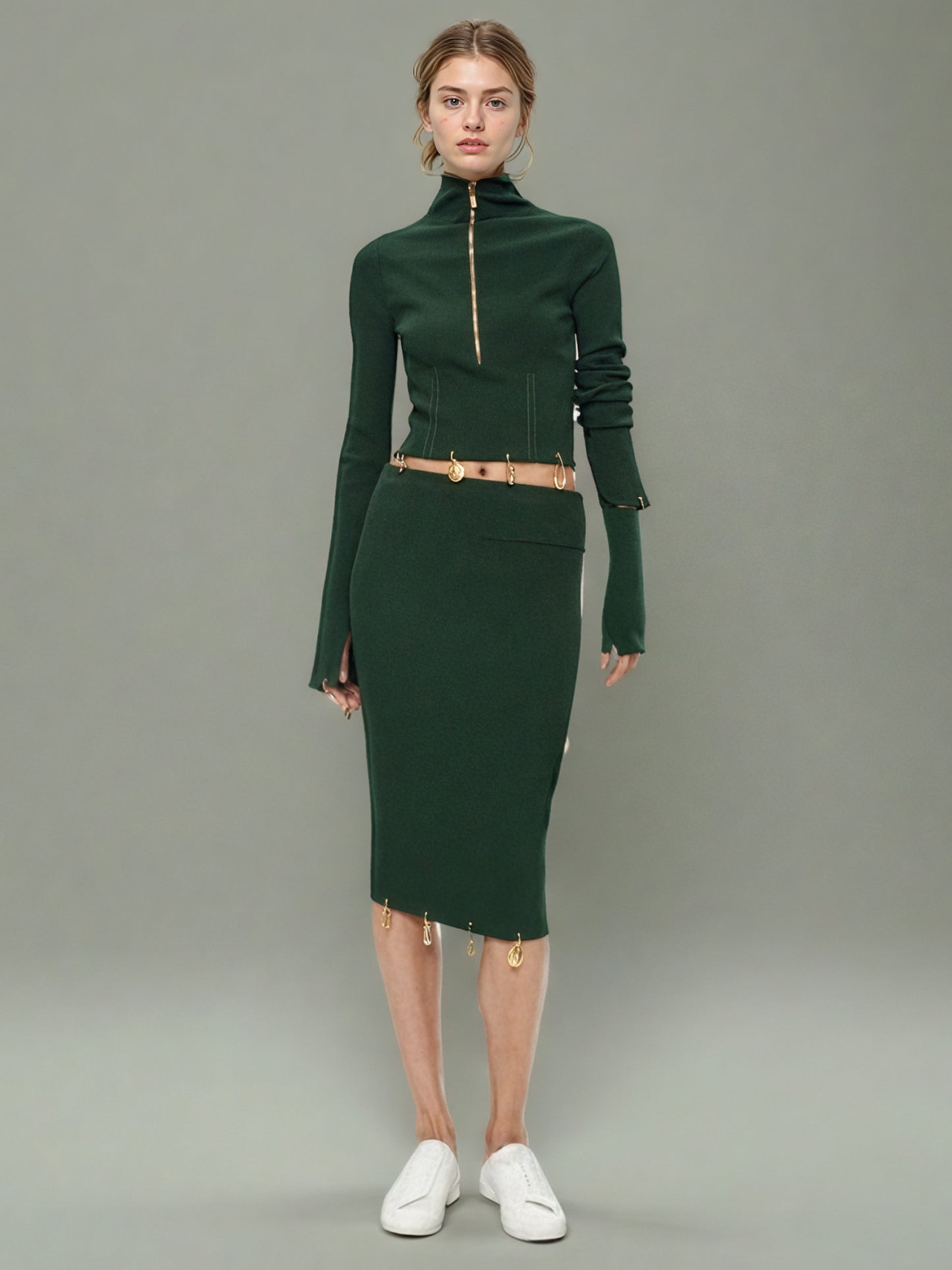 Green Knit Set with Gold Zipper & Charm Detailing