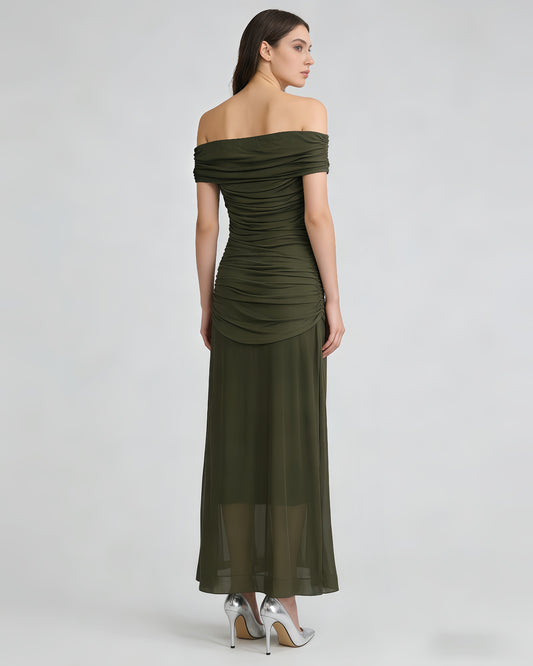 Green Off-Shoulder Ruched Mesh Maxi Dress
