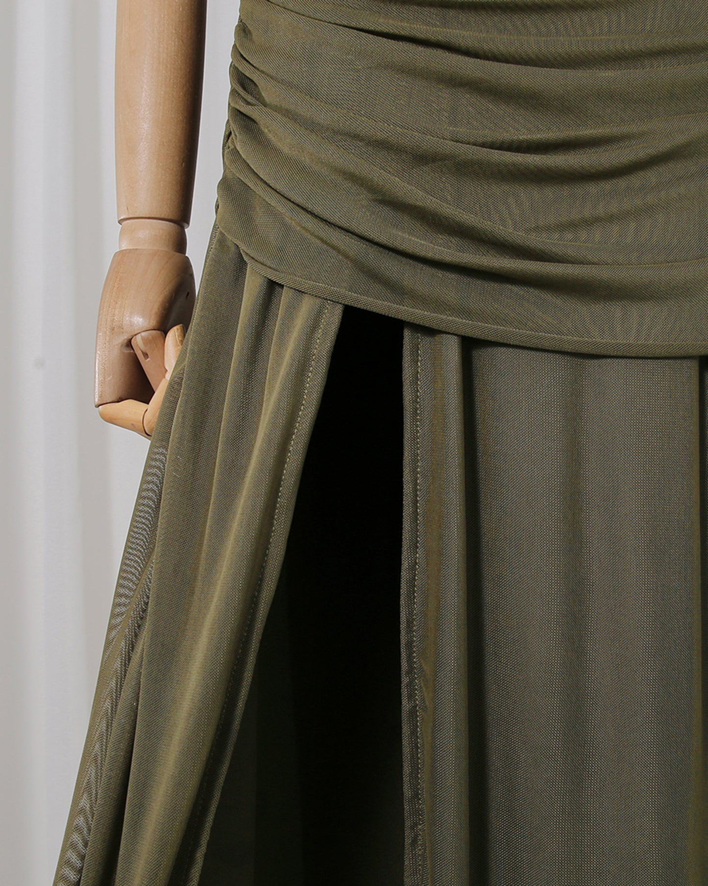 Green Off-Shoulder Ruched Mesh Maxi Dress