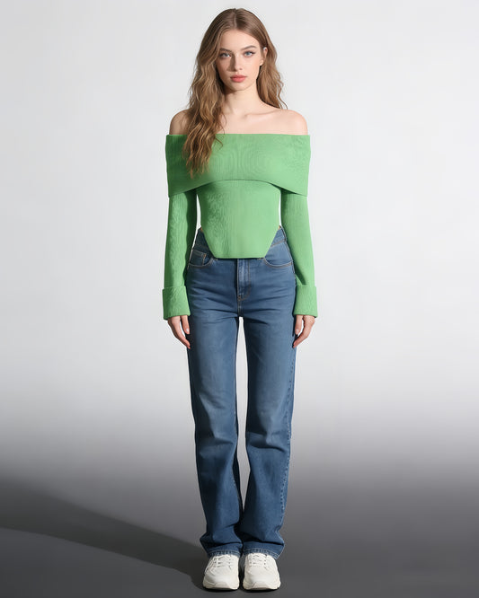 Green Off-the-Shoulder Ribbed Knit Top