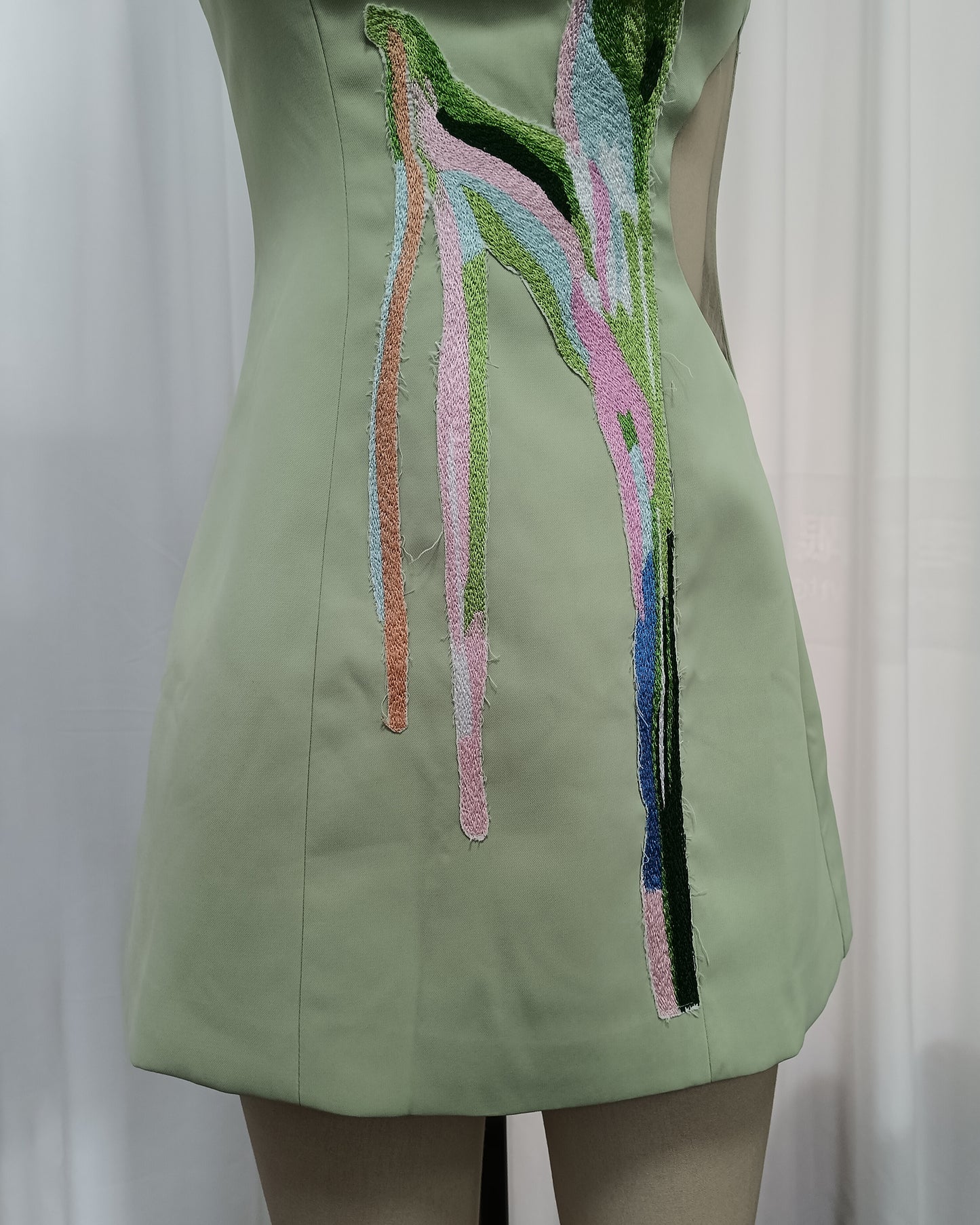 Green Off Shoulder Big Tulip Embroidery Mini Dress