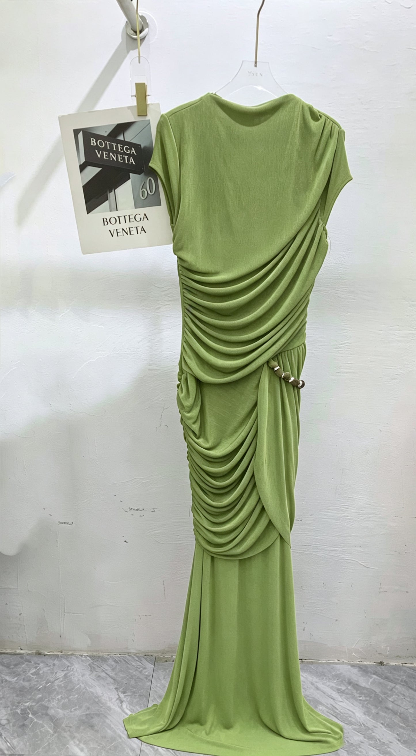 Green Round Neck Ruched Woven Dress