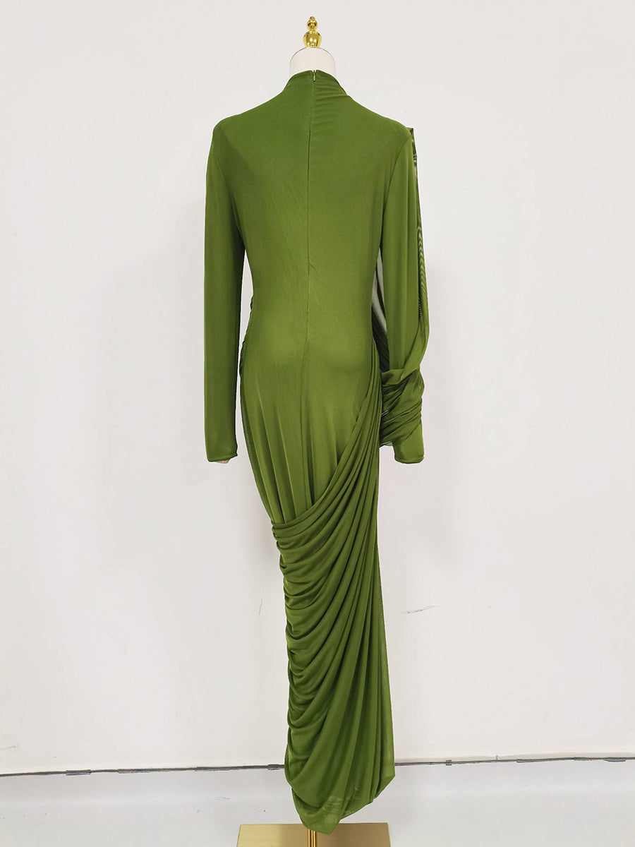 Green Ruched Long Sleeve Maxi Dress