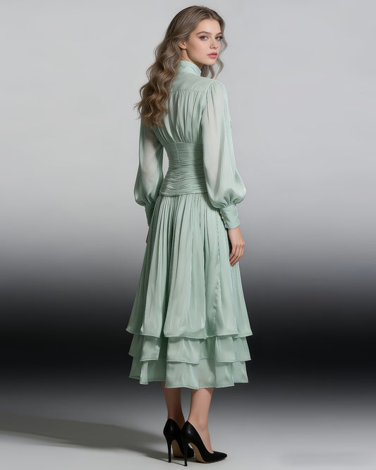 Green Ruched Waist Tiered Midi Dress