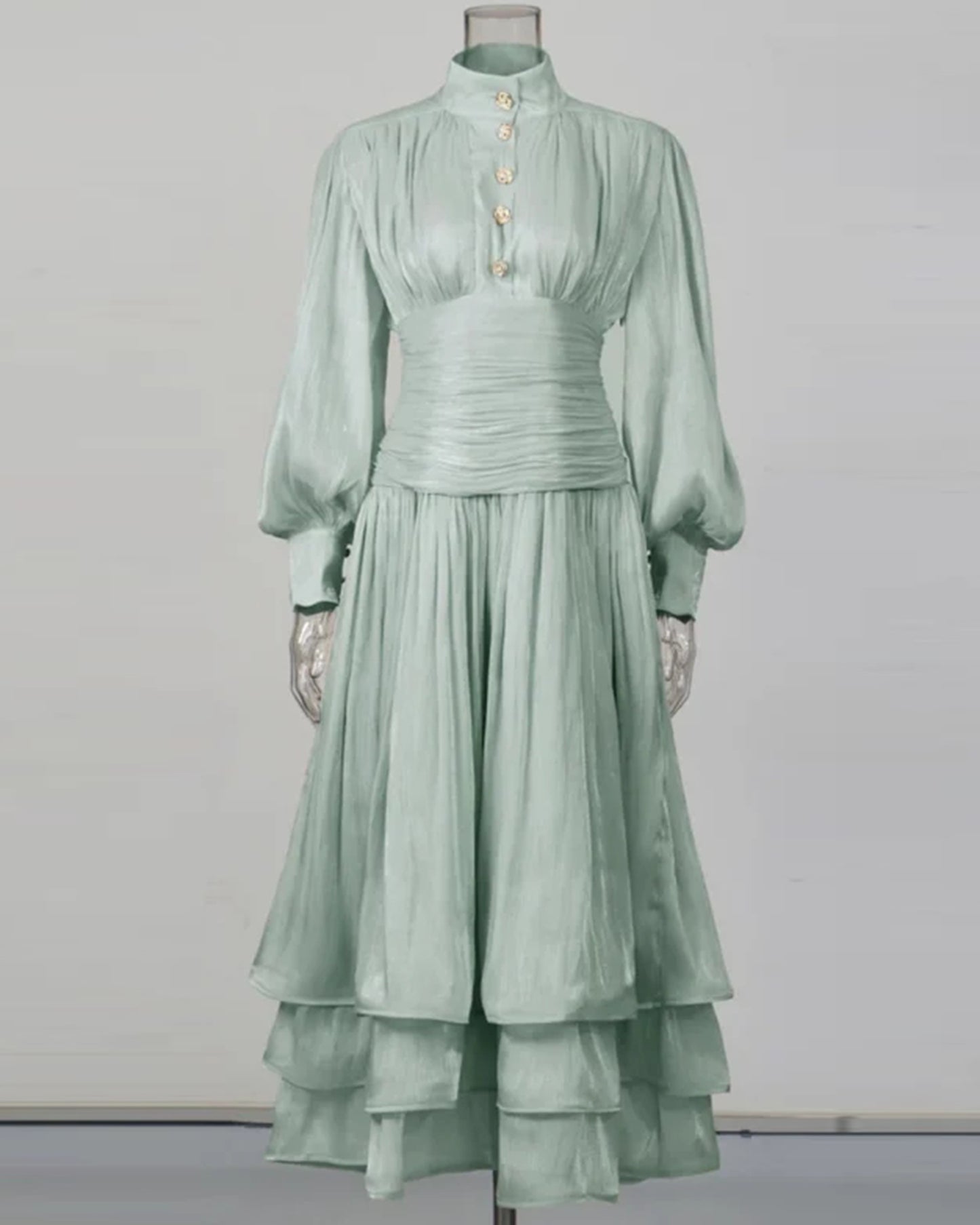 Green Ruched Waist Tiered Midi Dress