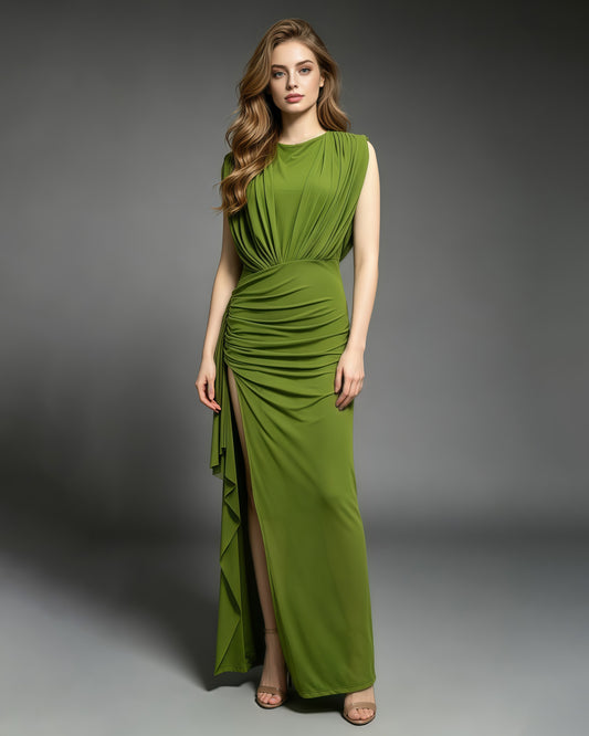 Green Sleeveless Ruched Mesh High Slit Maxi Dress