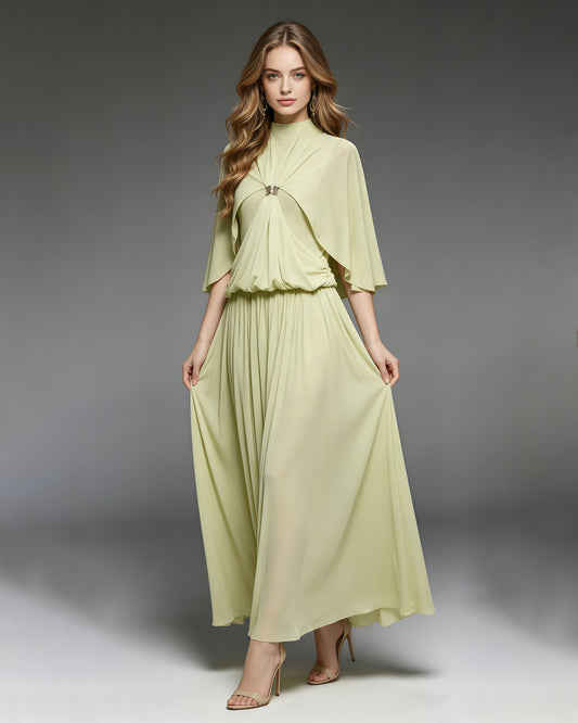 Green Stand Collar Metal Buckle Ruched Tunic Maxi Dress