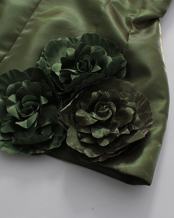 Green Strapless 3D Floral Mini Dress