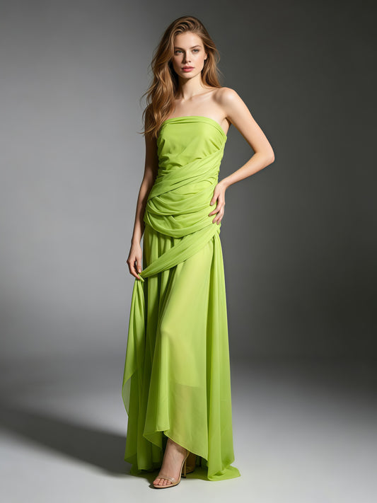 Green Strapless Drape Tie Waist Maxi Dress