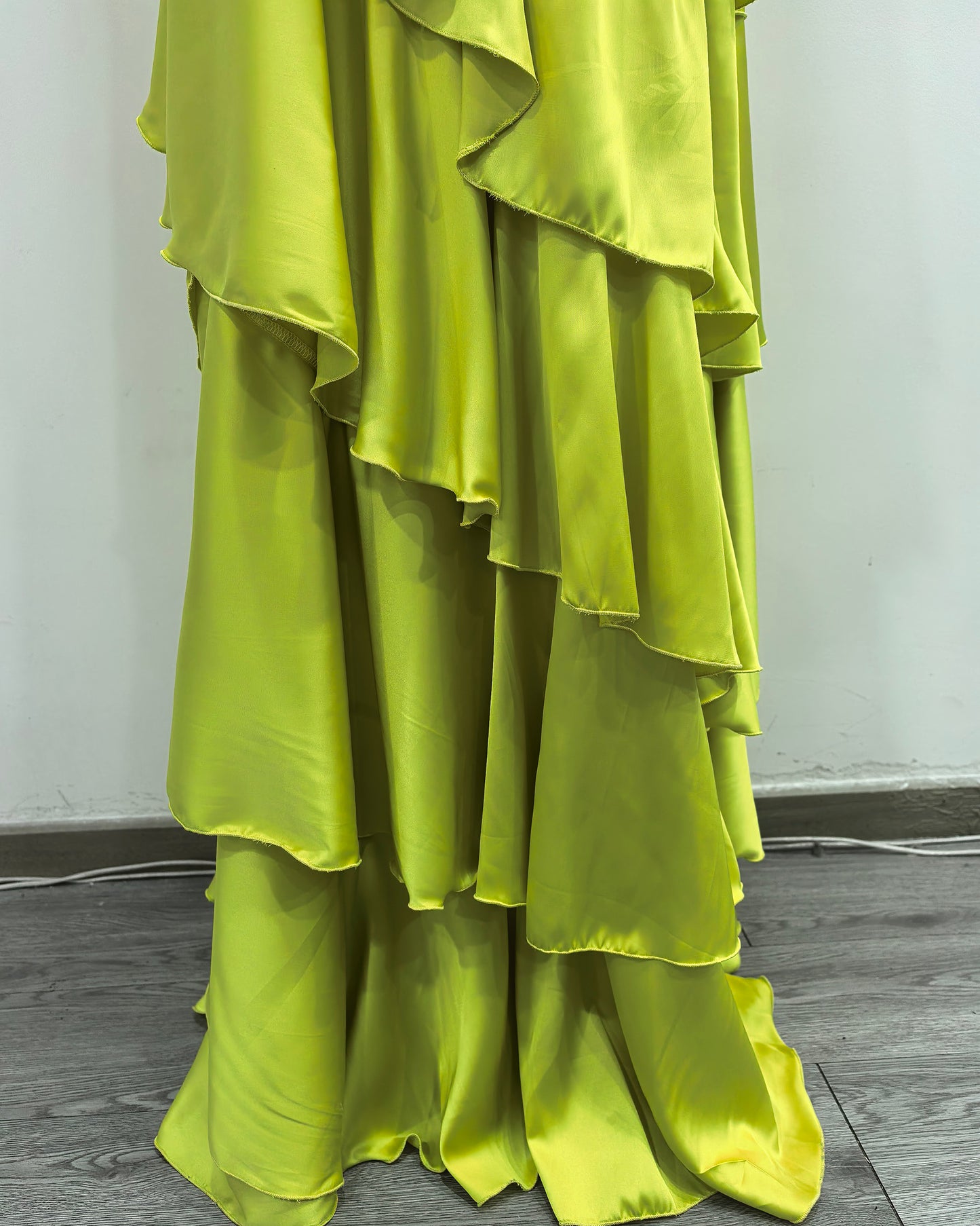 Green Strapless Ruched Ruffle Maxi Evening Dress