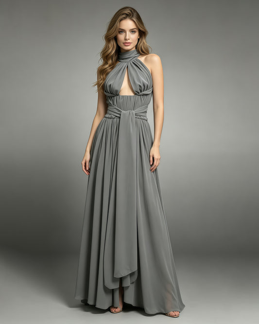 Grey Halter Neck Chiffon Waist Sash Maxi Dress
