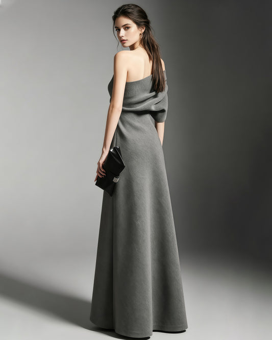 Grey Off-Shoulder Draped Fitted Maxi Dress