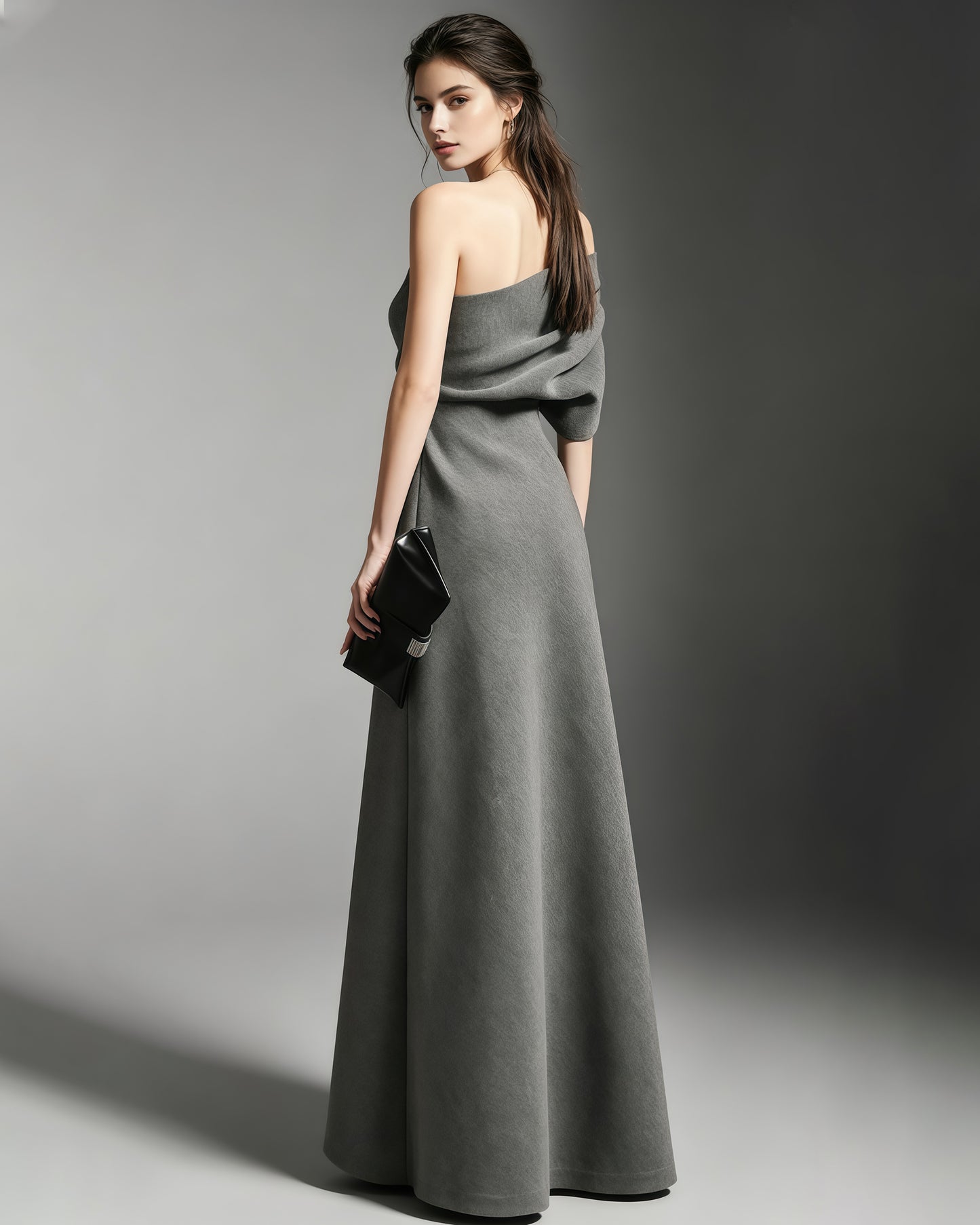 Grey Off-Shoulder Draped Fitted Maxi Dress