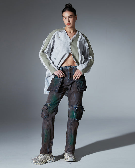 Grey Raw-Edge Patchwork Jacket