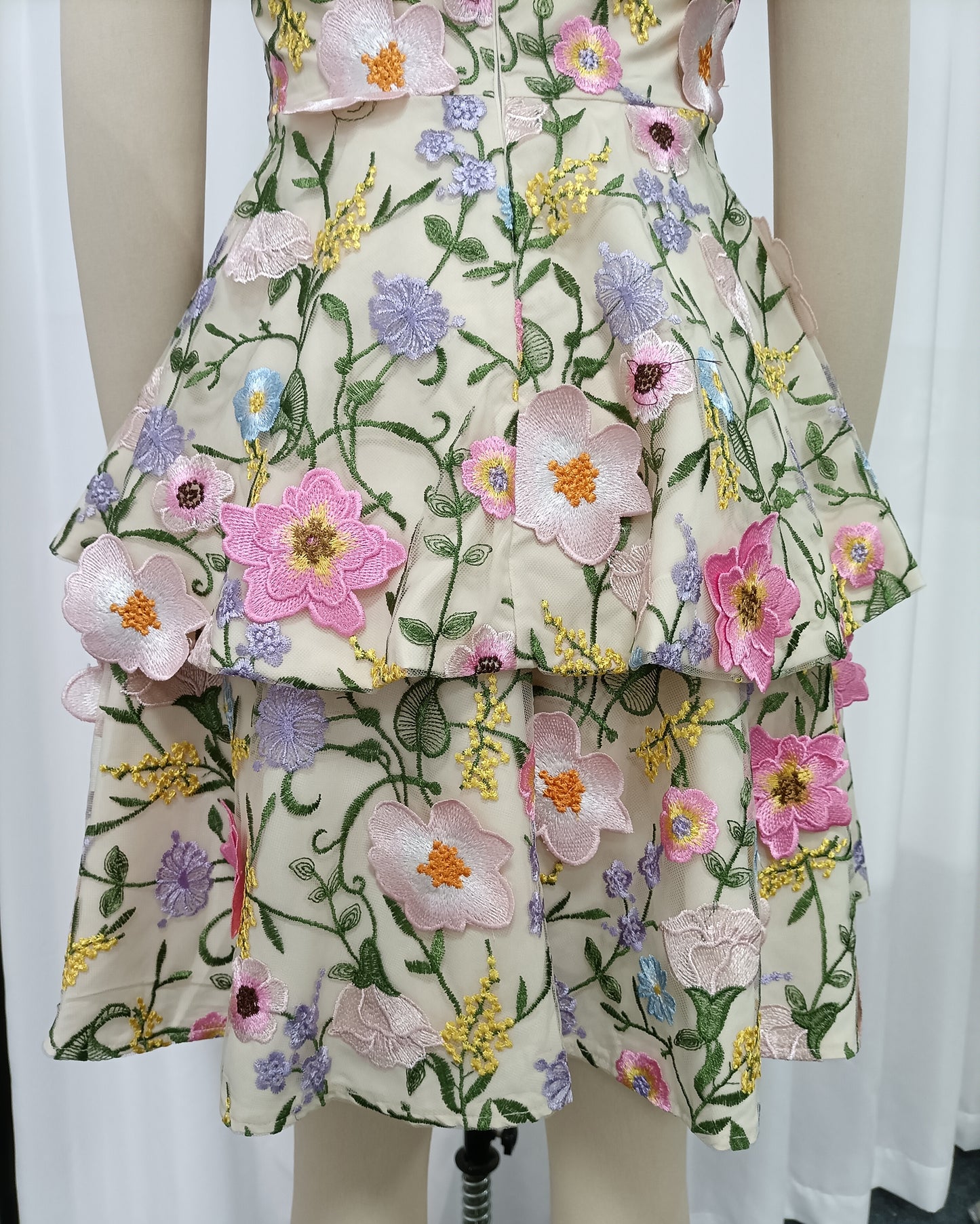 Halter 3D Floral Embroidered Tiered Mini Dress