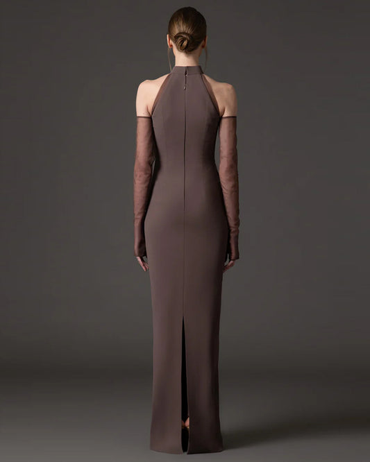 Halter Sequin Gown with Sheer Sleeves