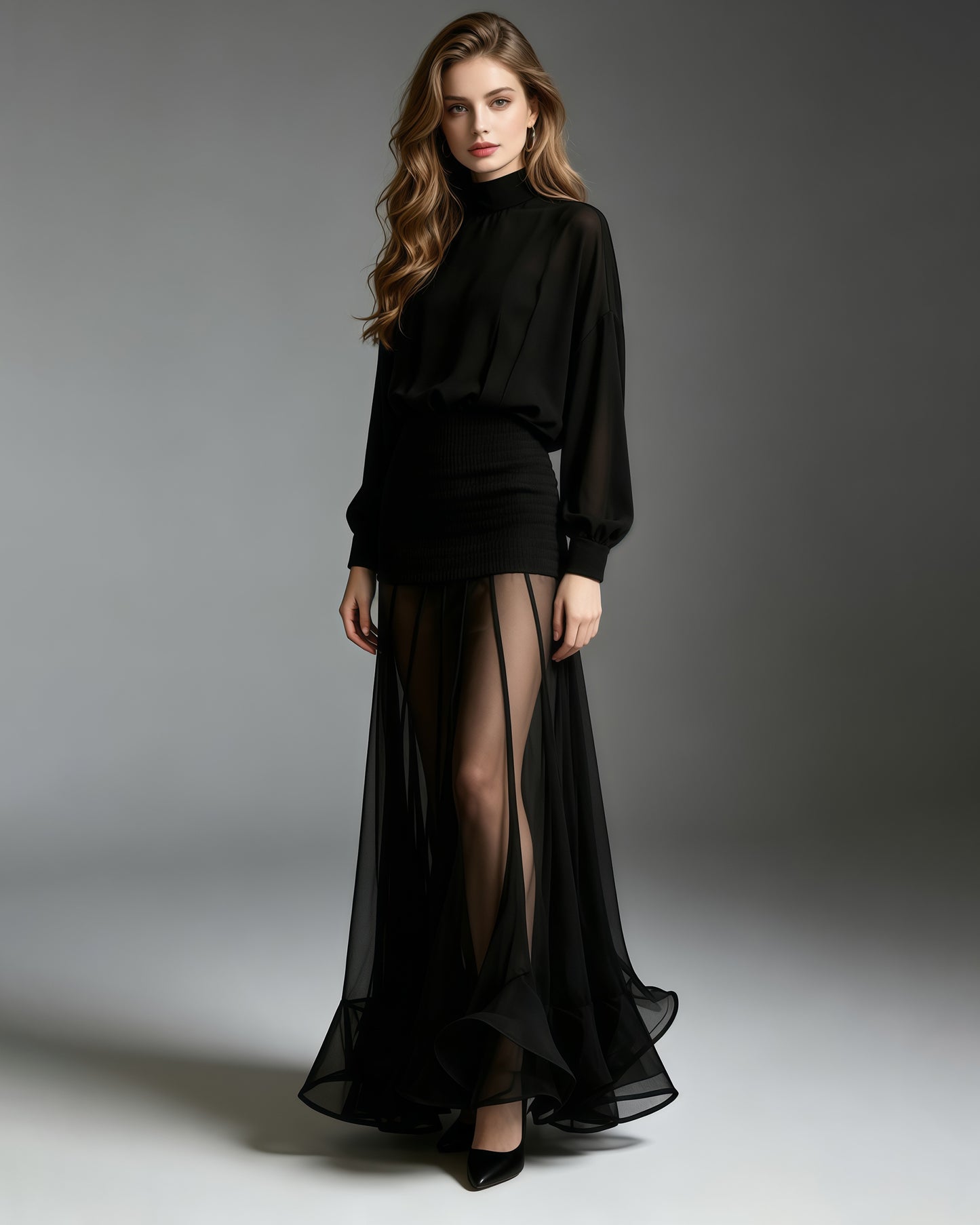 High-Neck Batwing Blouse & Midi Skirt Black Set